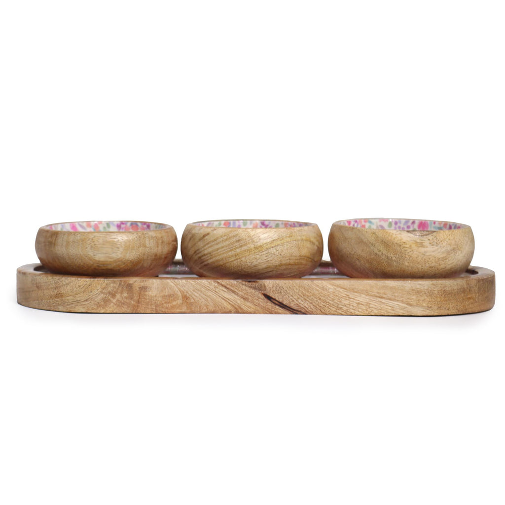 Mango Wood Tray with 3 Bowls – Pretty Floral