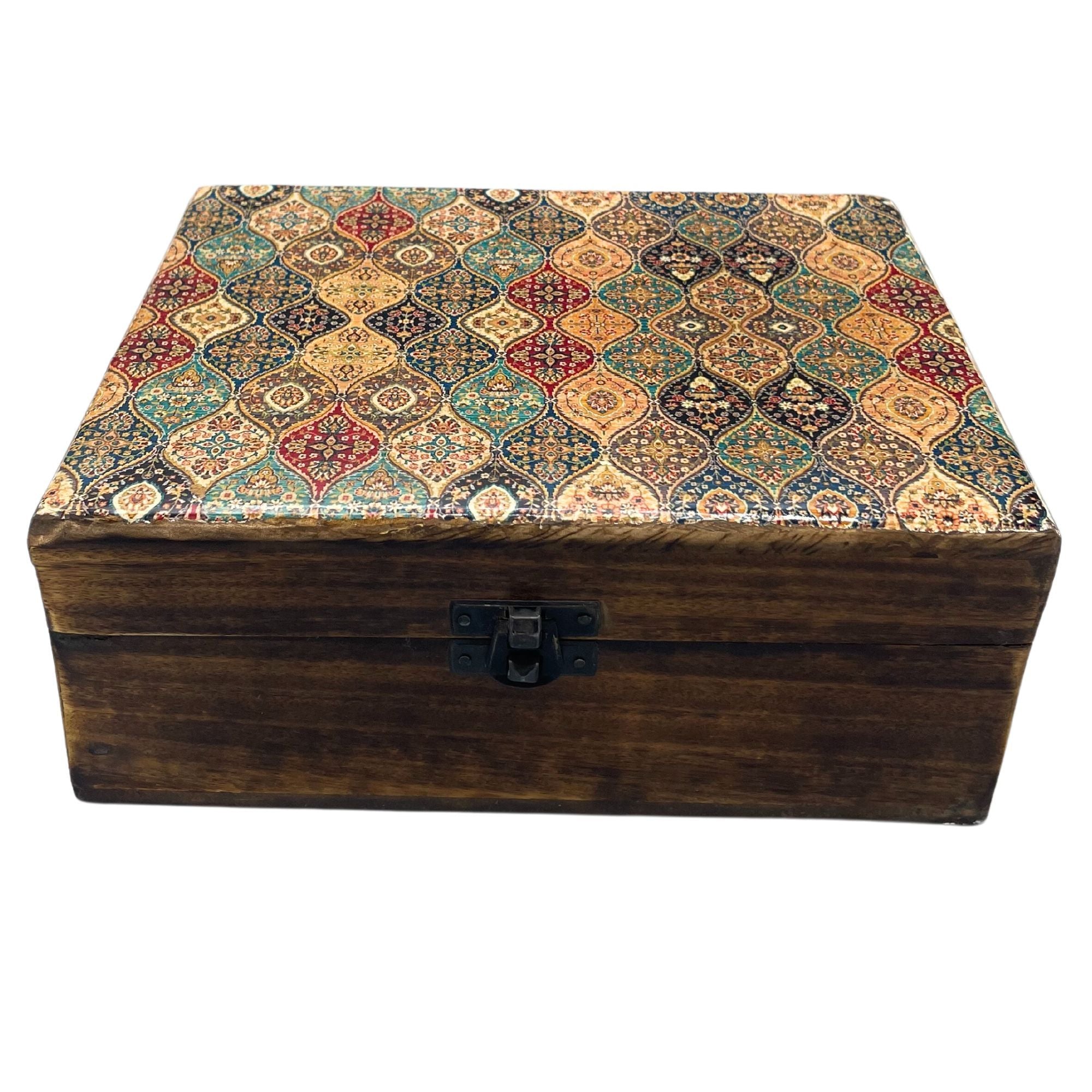 Large Ceramic Glazed Wood Box - 20x15x7.5cm - Traditional Pattern