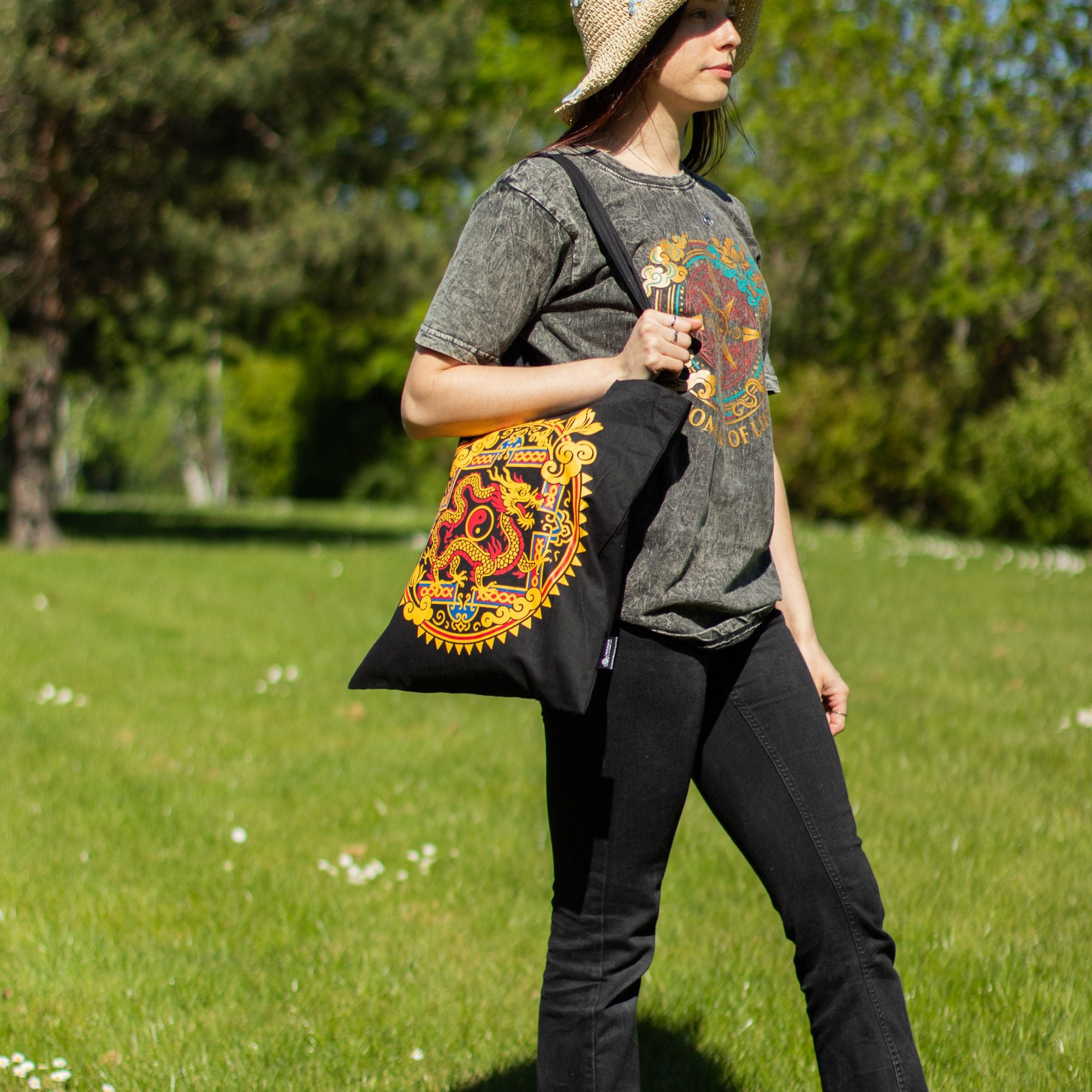 Nomad Sari Iconic Classic Tote Bag - Dragon Yin & Yang - Black 6oz