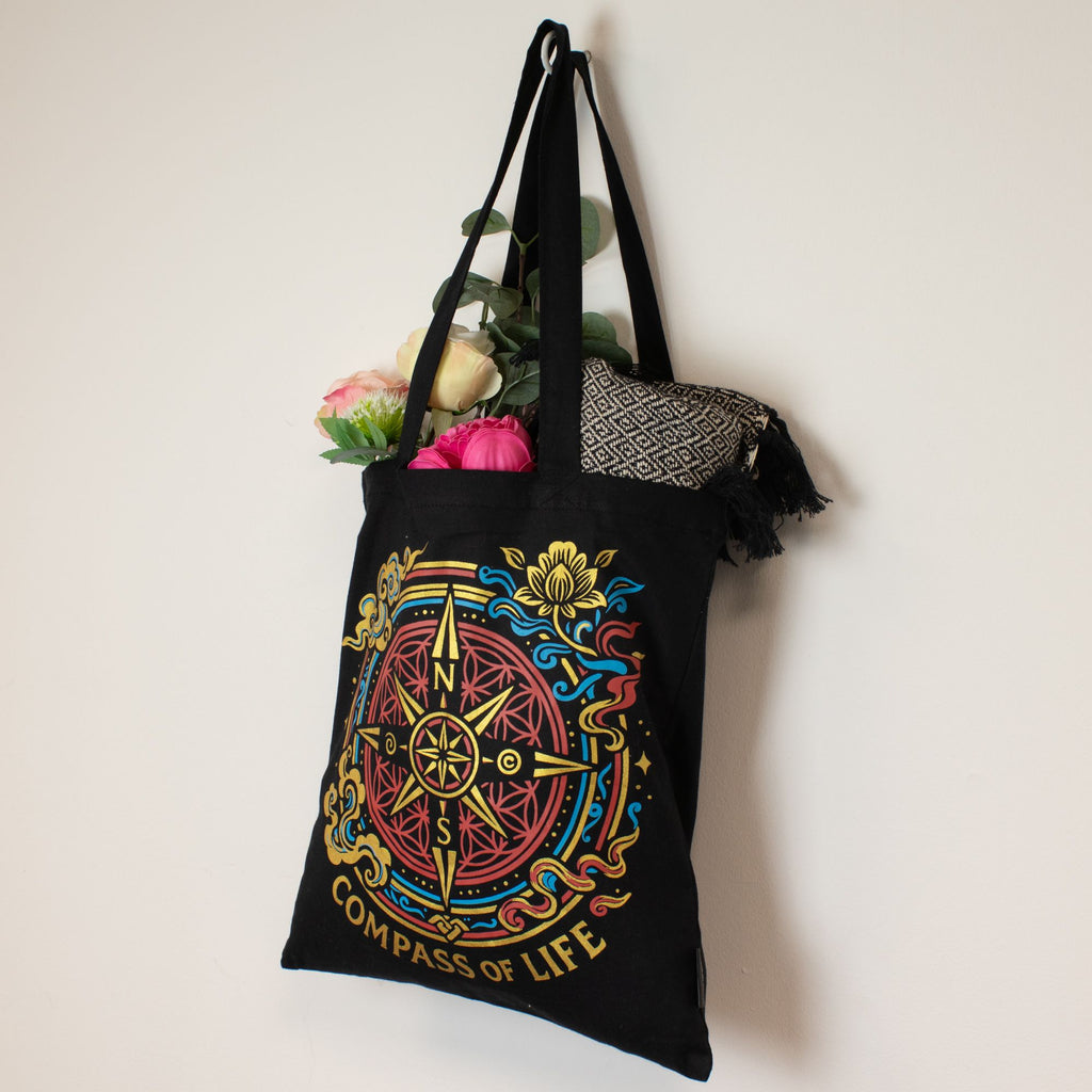 Nomad Sari Iconic Classic Tote Bag - Compass of Life - Black 6oz