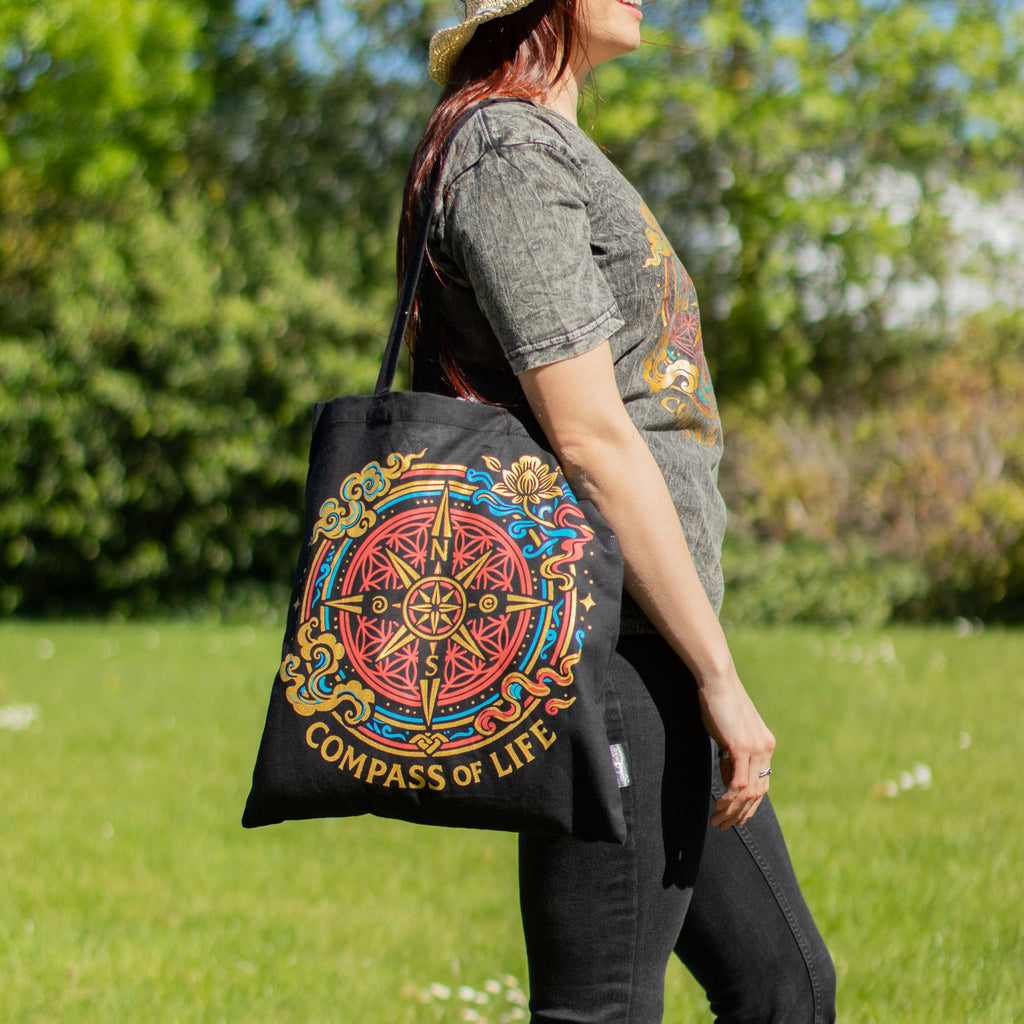 Nomad Sari Iconic Classic Tote Bag - Compass of Life - Black 6oz