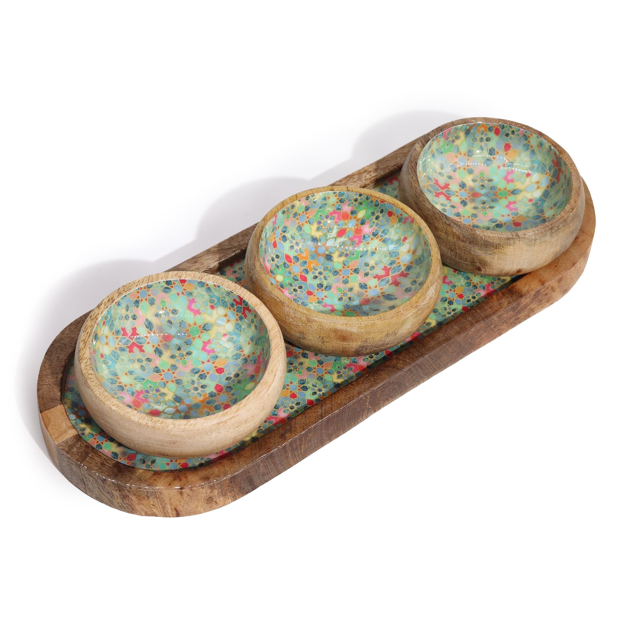 Mango Wood Tray with 3 Bowls – Mediterranean Tile Pattern