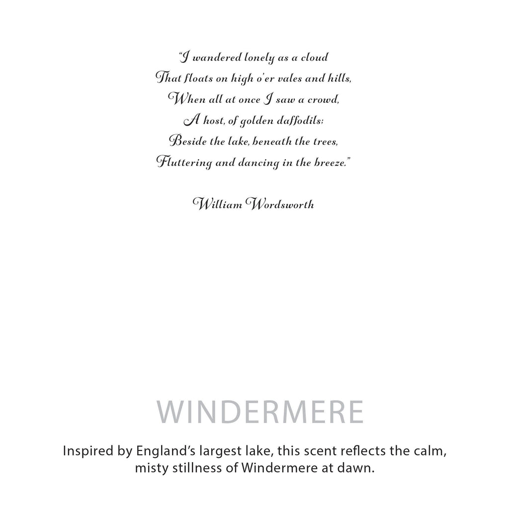Text of William Wordsworth's poem 'I wandered lonely as a cloud' on a white background with 'WINDERMERE' branding.