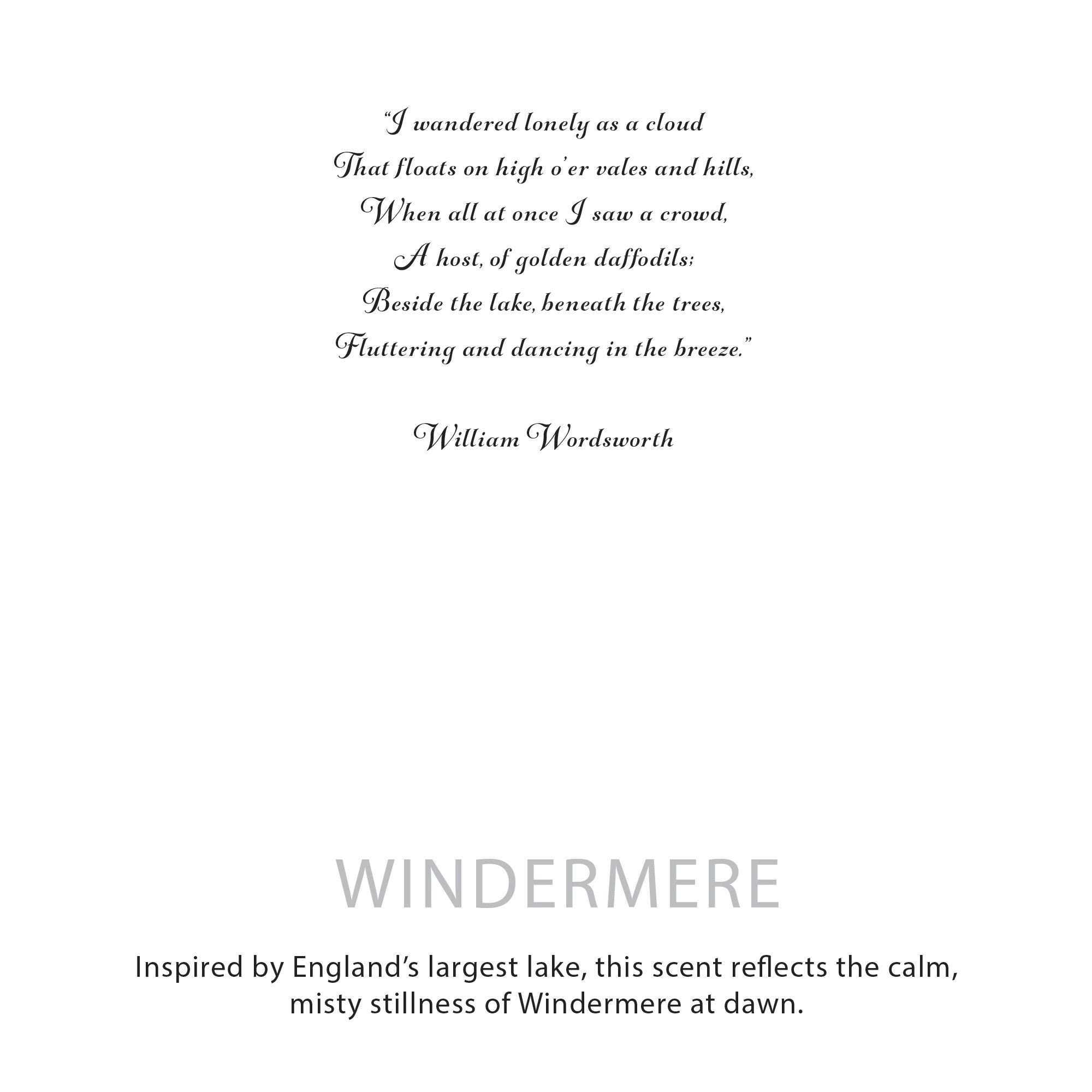Text of William Wordsworth's poem 'I wandered lonely as a cloud' on a white background with 'WINDERMERE' branding.