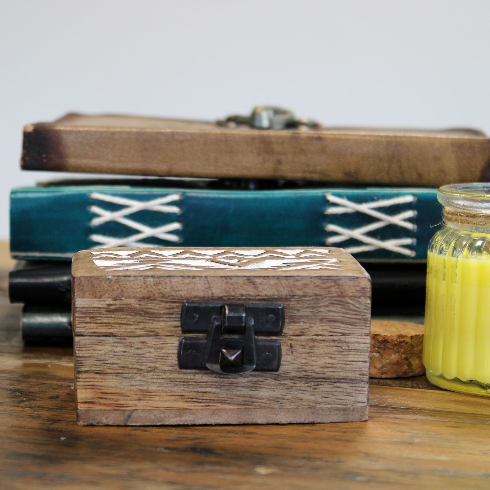 White Washed Wooden Box – Pill Box Aztec Design