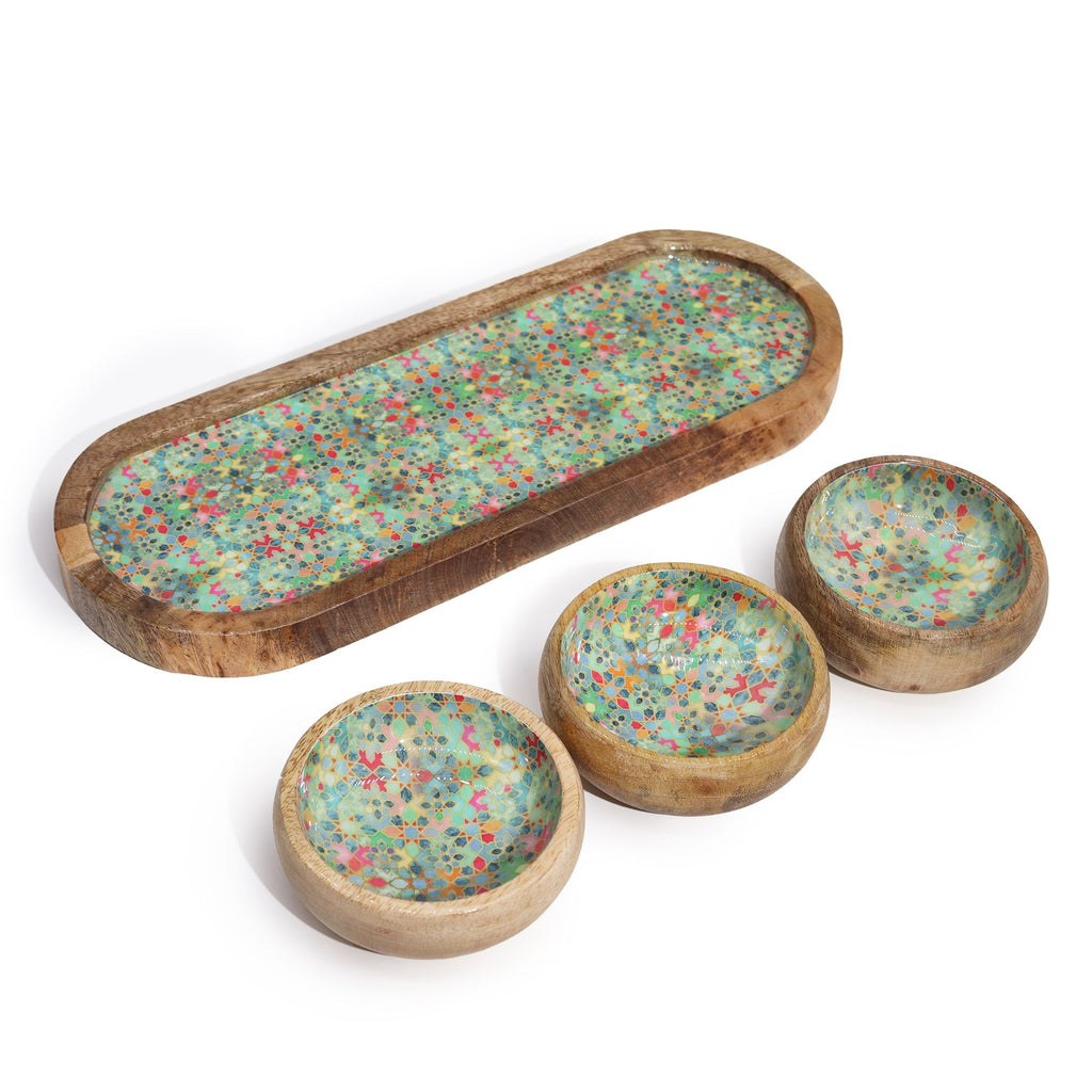 Mango Wood Tray with 3 Bowls – Mediterranean Tile Pattern