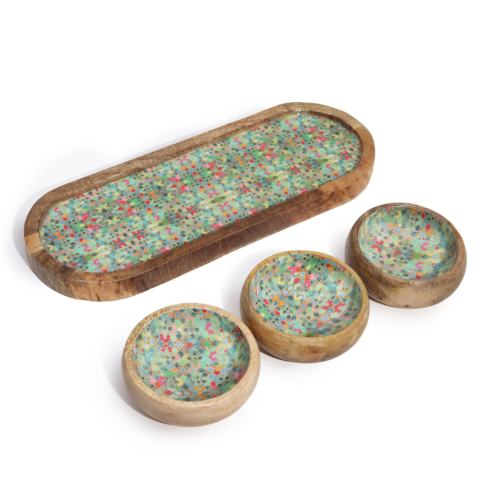 Mango Wood Tray with 3 Bowls – Mediterranean Tile Pattern