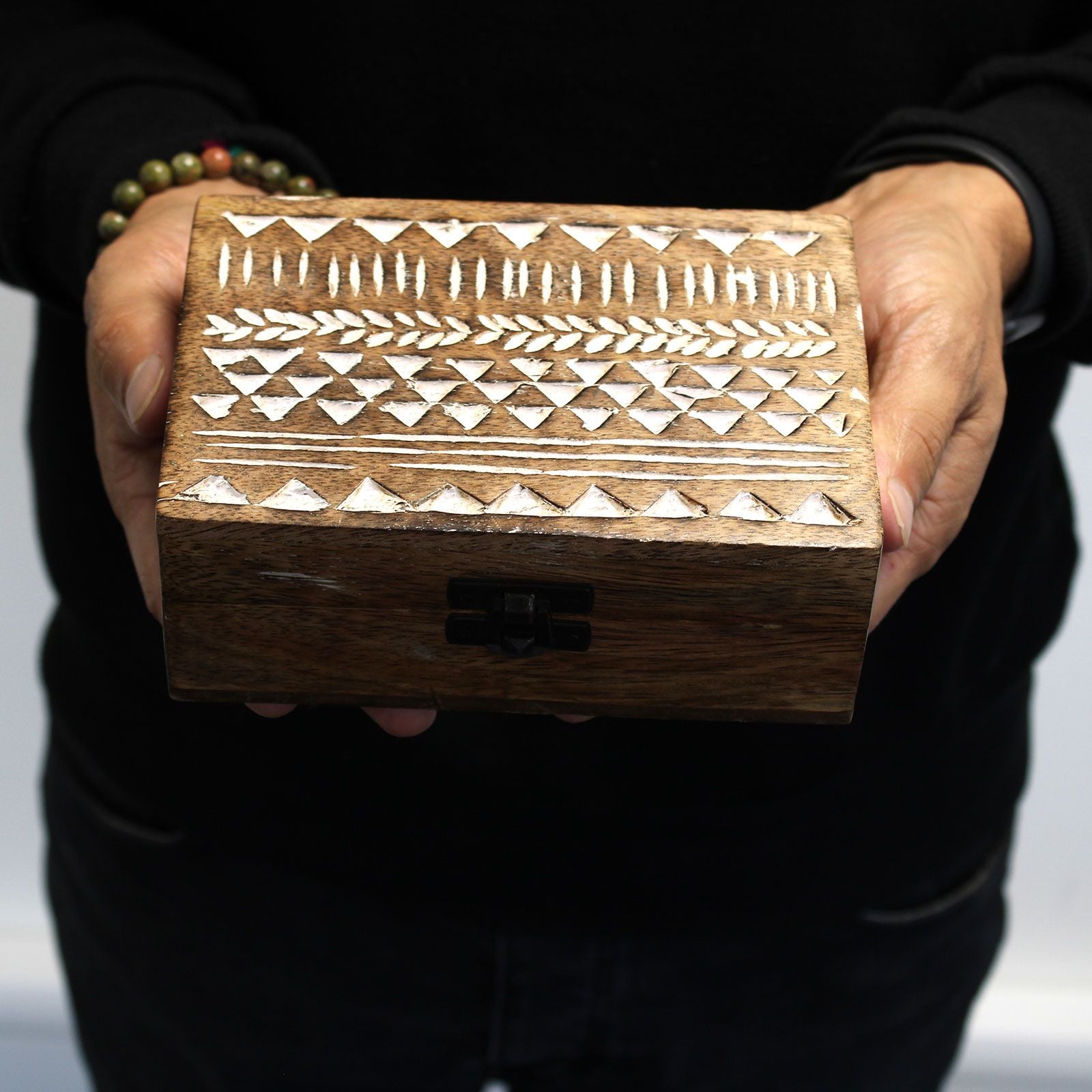 White Washed Wooden Box – Pill Box Aztec Design