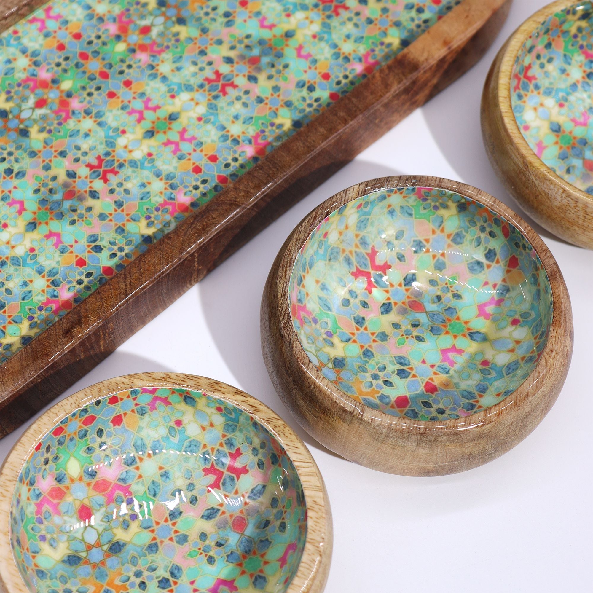 Mango Wood Tray with 3 Bowls – Mediterranean Tile Pattern