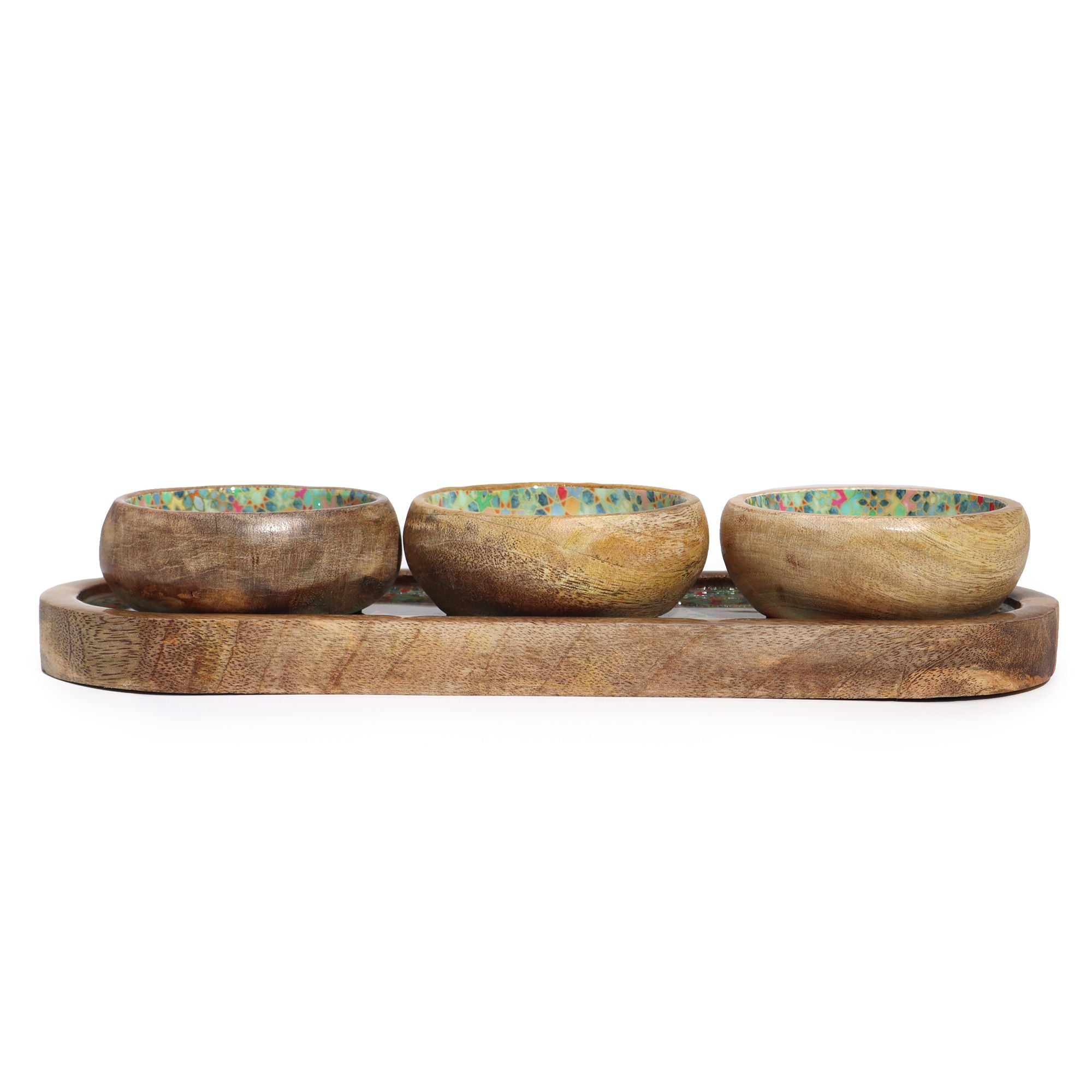 Mango Wood Tray with 3 Bowls – Mediterranean Tile Pattern