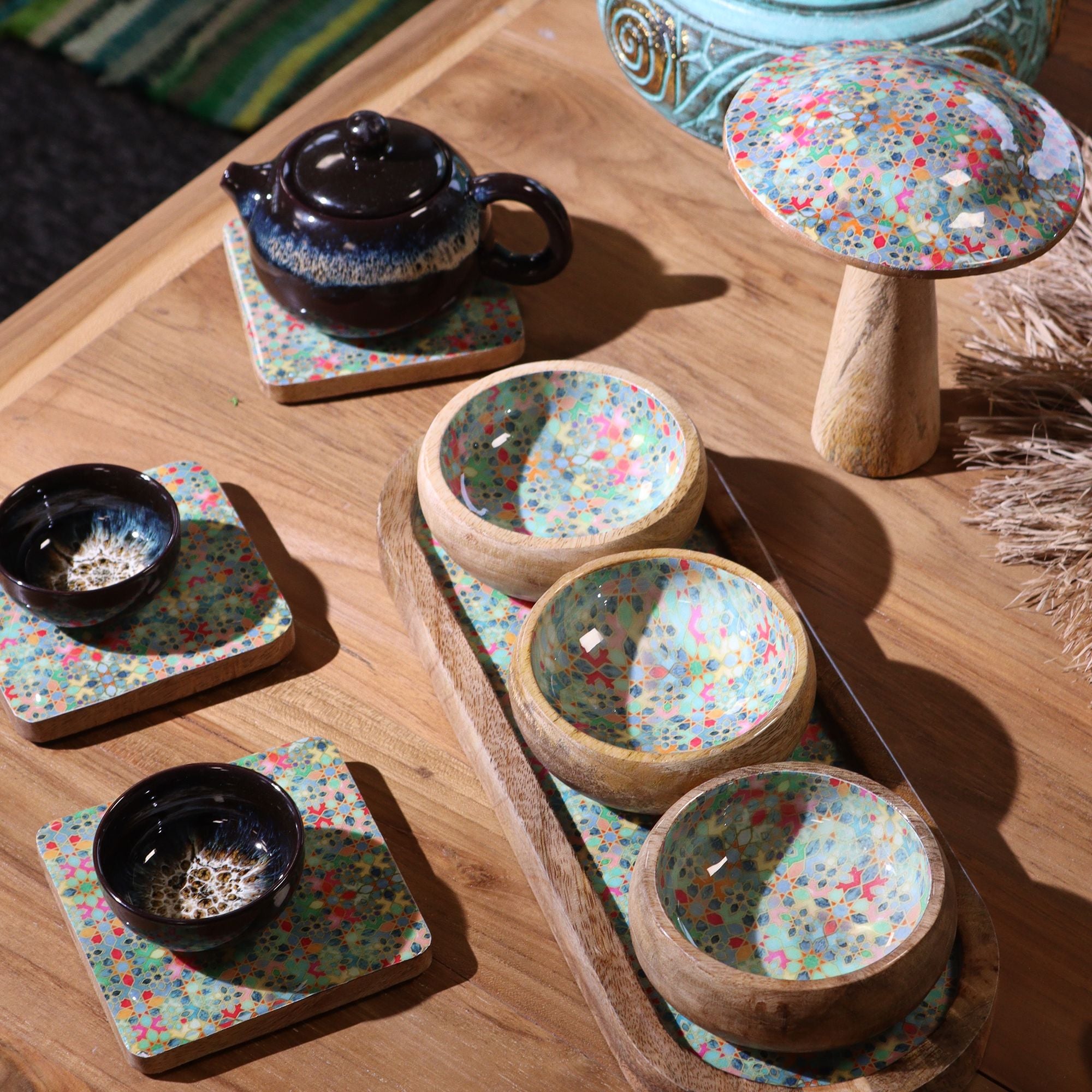 Mango Wood Tray with 3 Bowls – Pretty Floral