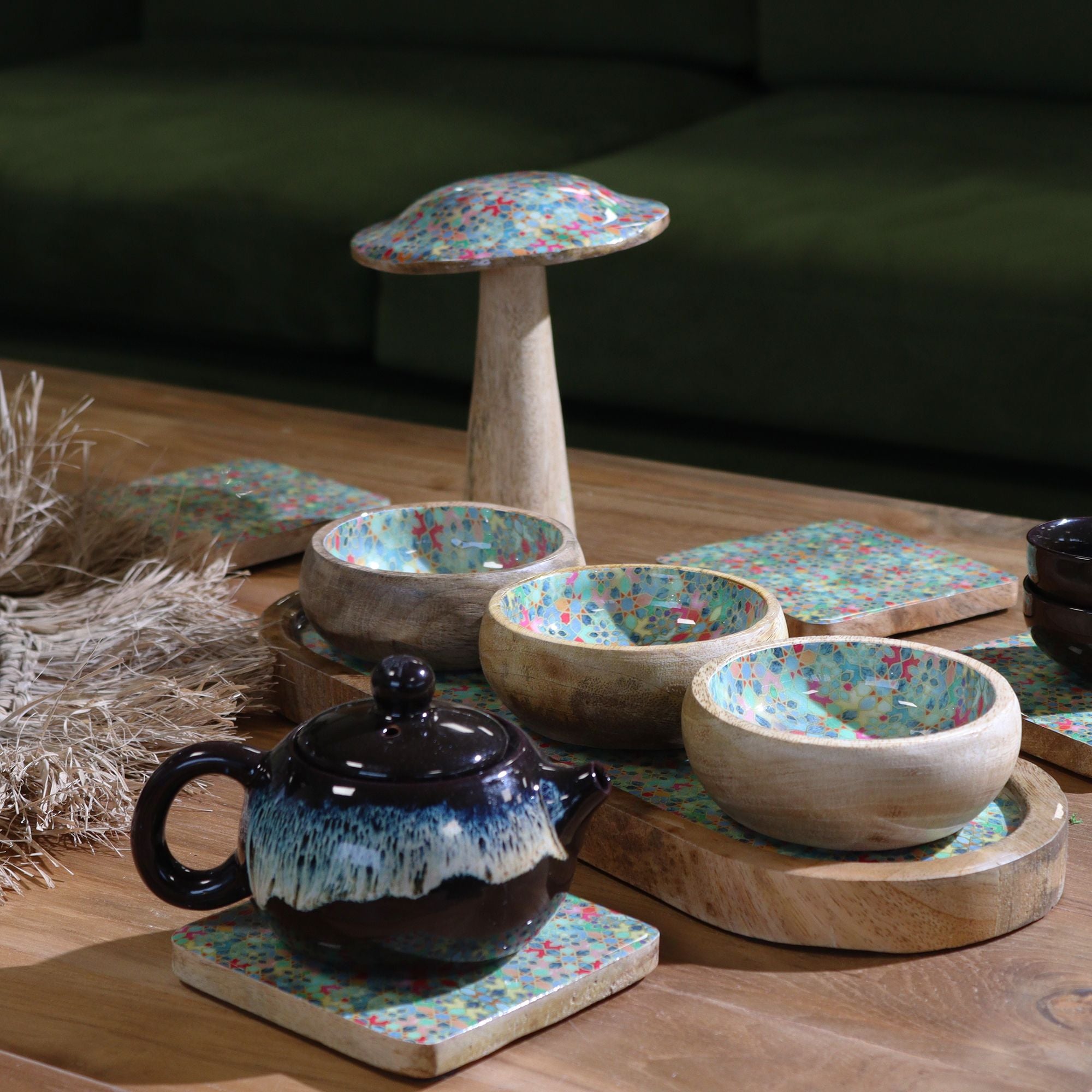 Mango Wood Tray with 3 Bowls – Mediterranean Tile Pattern