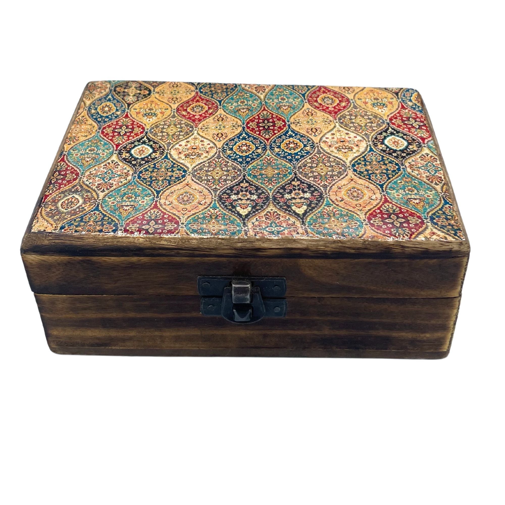 Medium Ceramic Glazed Wood Box - 15x10x6cm - Traditional Pattern