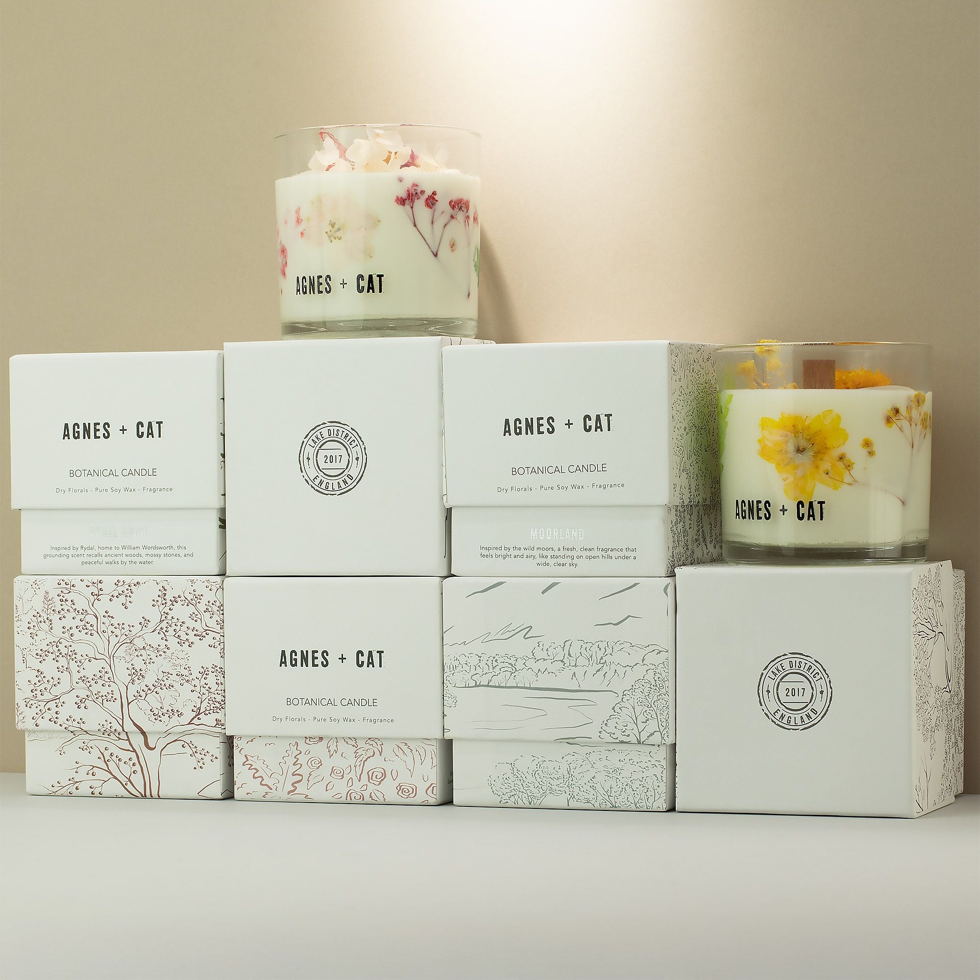 Candles and their packaging with 'AGNES + CAT' branding on a neutral background