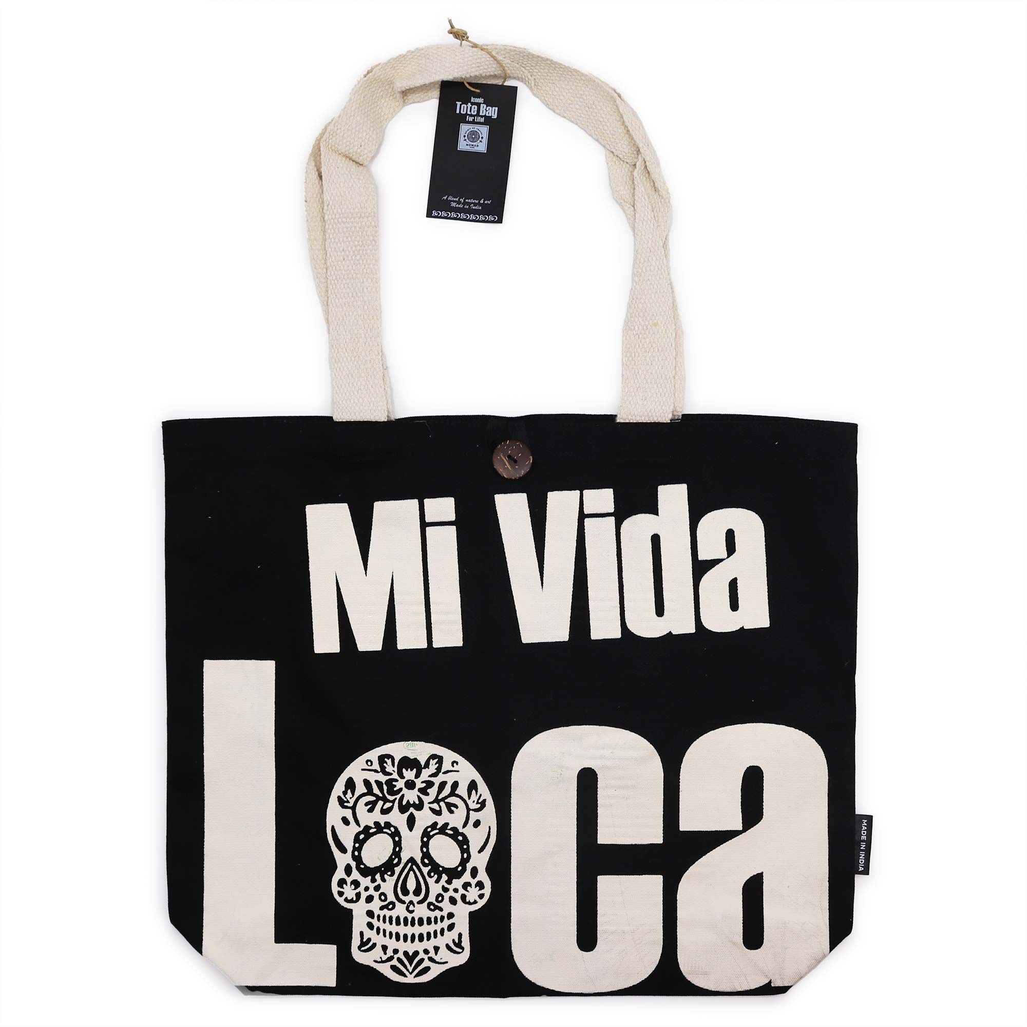Nomad Sari Iconic Classic Tote Bag - Mi Vida Loca - Black & Natural 10oz