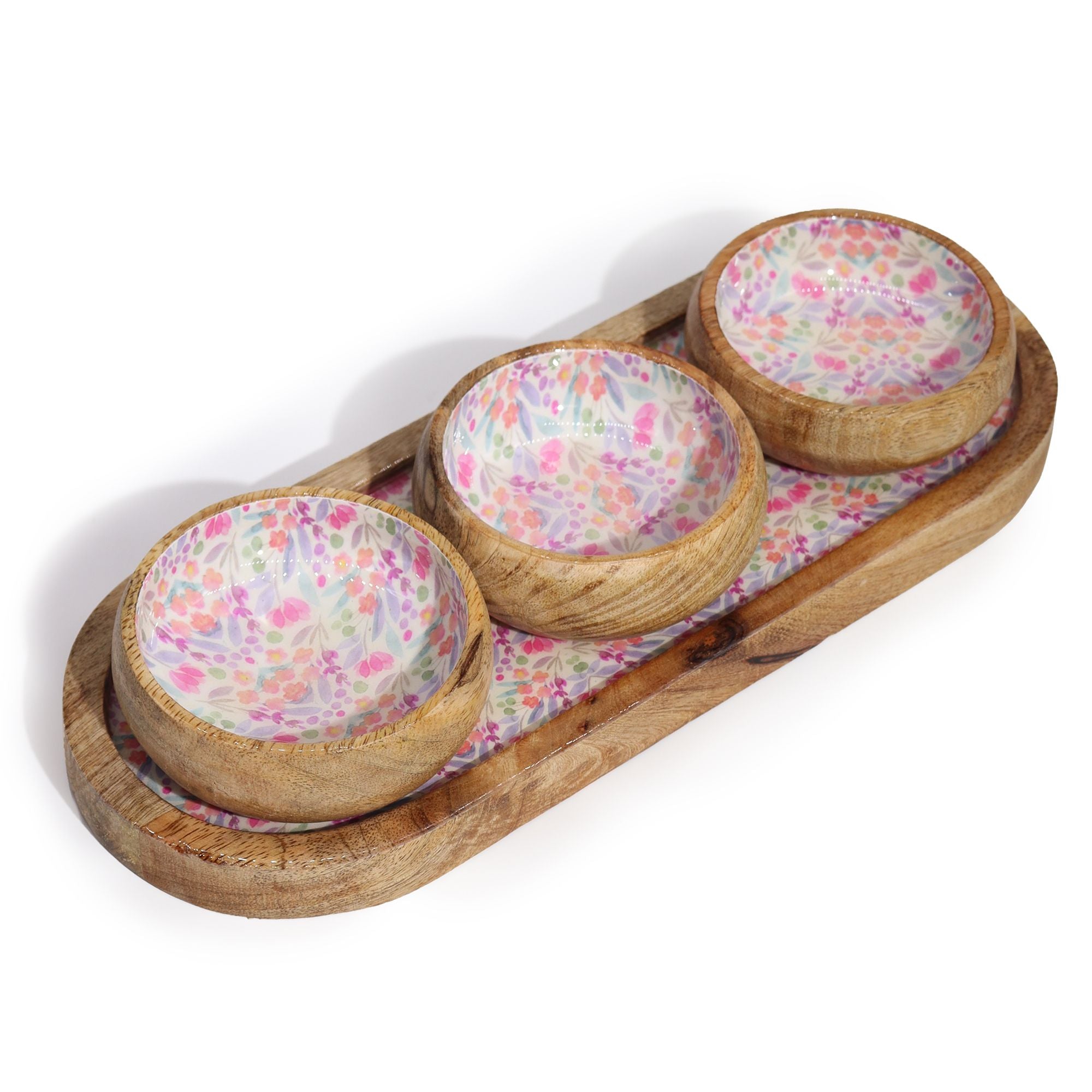 Mango Wood Tray with 3 Bowls – Pretty Floral