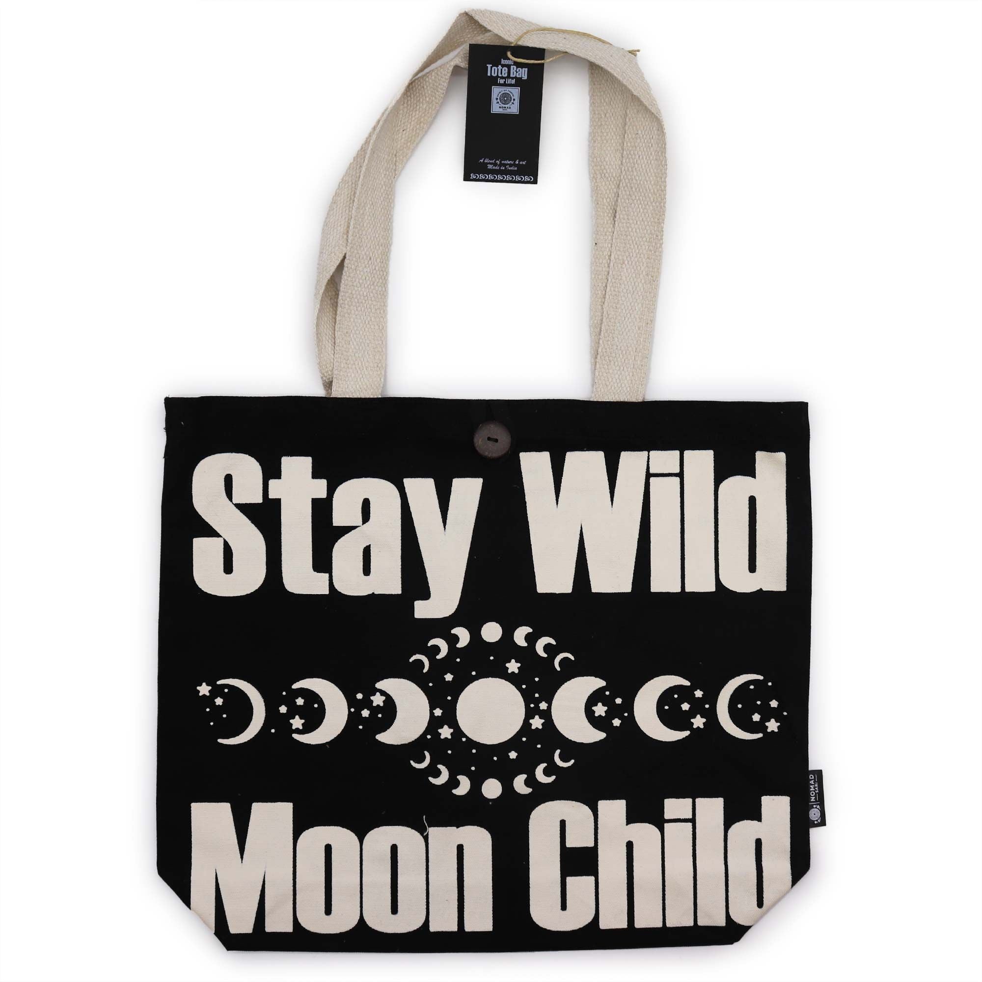 Nomad Sari Iconic Classic Tote Bag - Stay Wild, Mood Child - Black & Natural 10oz